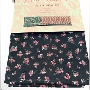Betsey Johnson Bouquet Ditsy Black Shower Curtain Set with Hooks 72”x72” New